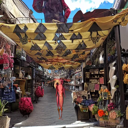 Image similar to Photorealistic human-sized Mantis religiosa shipping in medival street market