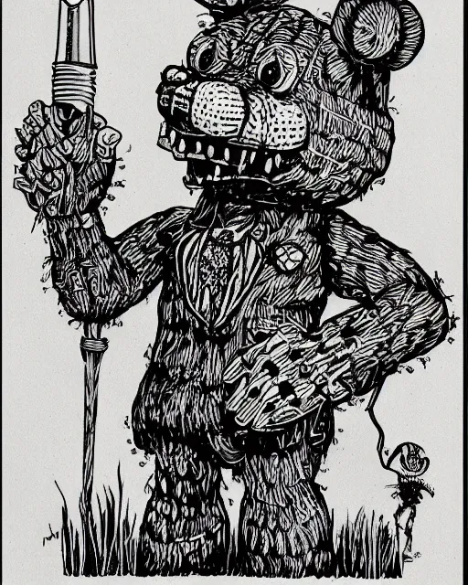 Image similar to an illustration of a freddy fazbear, full body, pen-and-ink illustration, etching, by Russ Nicholson, DAvid A Trampier, larry elmore, 1981, HQ scan, intricate details, Monster Manula, Fiend Folio