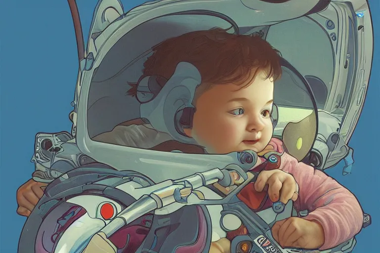 Image similar to a baby in a spaceship, very detailed, smooth render, illustration, art style by shigeru miyamoto and Alphonse Mucha