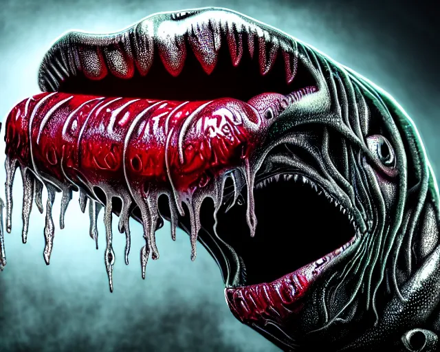 Image similar to realistic long textured tongue demon wet humanoid alien, smoke, mouth in mouth, large alien eyes, metallic reflective fangs dripping greenish acid saliva from teeth, thin red veins, intricate grey fish scales, ornate, cinematic light shadows, reflections, crawling in a wet sewer pipe, dim flashlight lighting, insanely detailed, fisheye lens