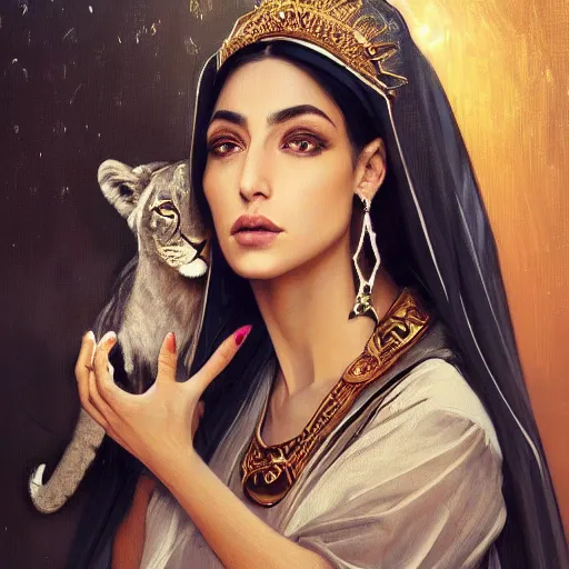 Image similar to a Photorealistic dramatic hyperrealistic render of an arab queen Esther ameera al taweel, green eyes, middle Eastern skin, eyes, black hair, white veil, with a pet lion by WLOP,Artgerm,Greg Rutkowski,Alphonse Mucha, Beautiful dynamic dramatic dark moody lighting,shadows,cinematic atmosphere,Artstation,concept design art,Octane render,8K