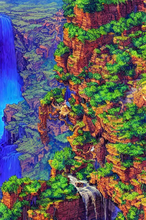 Image similar to landscape of waterfall in grand canyon neon colors, bird eye view, hyperdetailed illustration by kim jung gi, irakli nadar, intricate linework, bright colors, octopath traveler, final fantasy, unreal engine 5 highly rendered, global illumination, radiant light, detailed and intricate environment