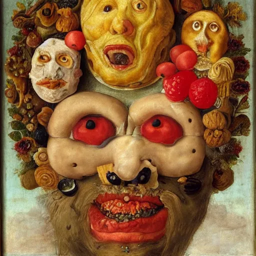 Prompt: a head made out of pastries and cakes by giuseppe arcimboldo, oil on canvas