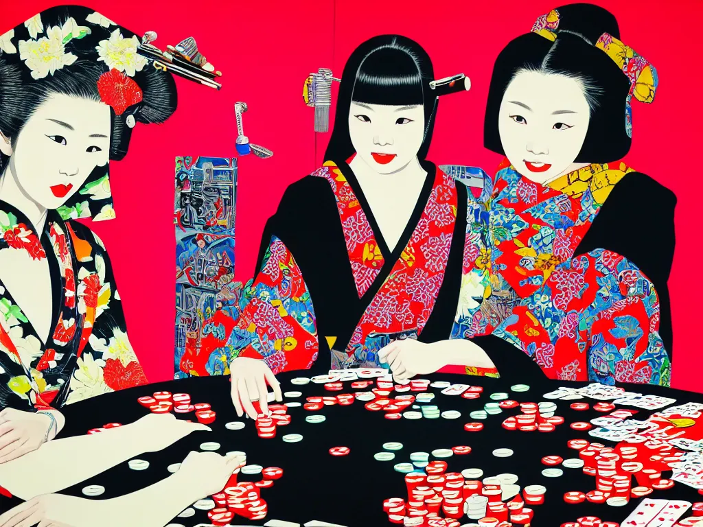 Image similar to hyperrealism composition of the detailed woman in a japanese kimono sitting at an extremely detailed poker table with darth vader, fireworks and folding screen on the background, pop - art style, jacky tsai style, andy warhol style, acrylic on canvas