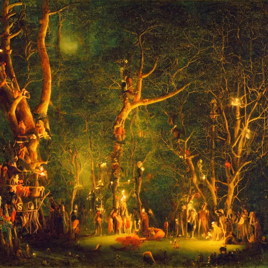 Image similar to a night carnival around a magical tree cavity, with a surreal orange moonlight and fireworks in the background, next to a lake with iridiscent water, christmas lights, folklore animals and people disguised as fantastic creatures in a magical forest by summer night, masterpiece painted by paul delaroche, dark night environment