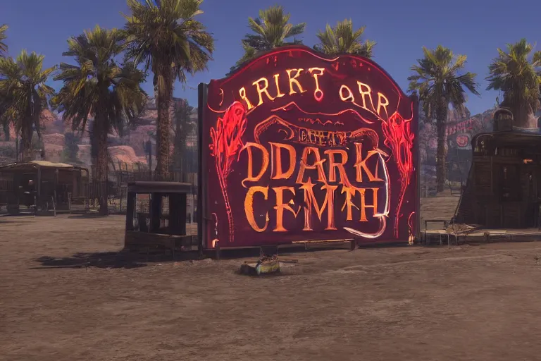 Image similar to 3d sculpt of an arched sign for a circus called 'the dark metal carnival', red dead redemption2, las vegas, artstaton, digital illustration