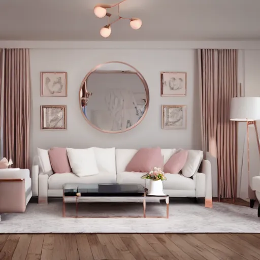 Image similar to 3 d render of white living room with rose gold metallic accents