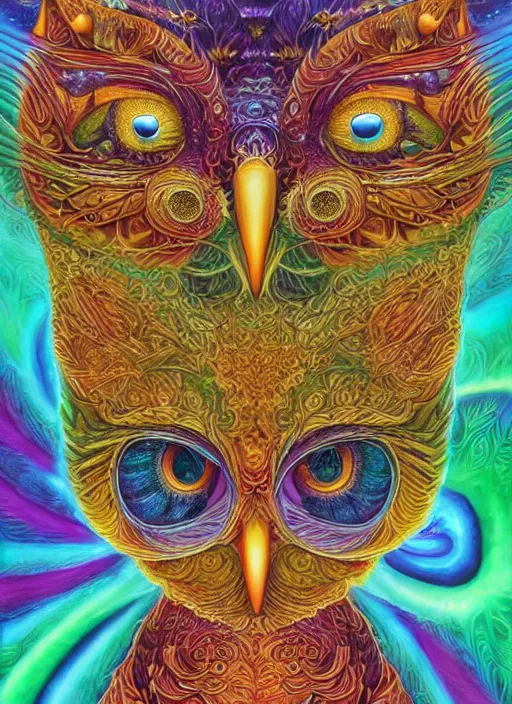 Prompt: a portrait of a psychedelic cat owl figure by naoto hattori, android jones, alex grey and chris dyer, deep bold colors, galactic entity, depth of field, intricate beautiful painting, billions of details, octane render, portal, 8 k, detailed vector, trending on artstation, cgisociety, neural, wow!!!!!!