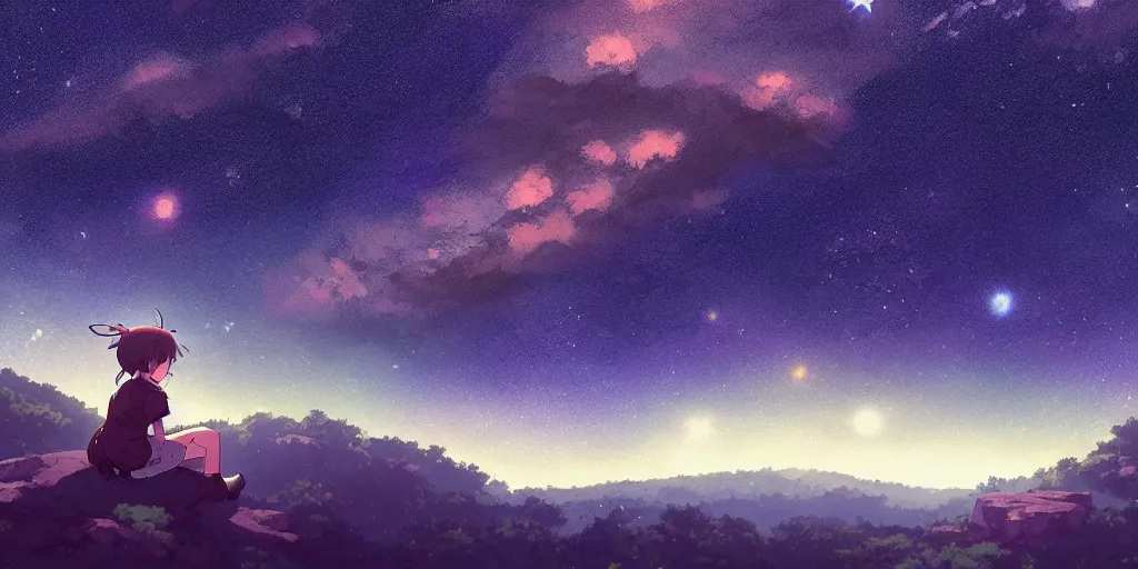 Image similar to a schoolgirl girl sat on the hillside and looked at the stars in the night sky, midnight, spectacular milky way, shining meteor, official media, anime key visual, detailed, artwork by makoto shinkai. - h 5 7 6