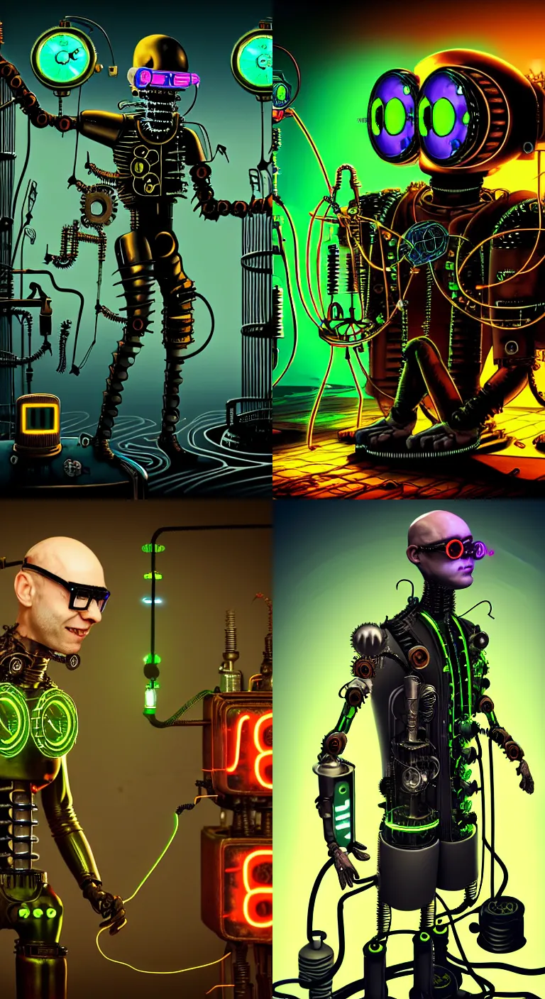 Prompt: a bald cat man in toxic steampunk glasses and with neon alien nixie tube antennas on the head and cyborg suit fixes himself with legs and digs into details, many mechanized details on the body, side view, background depressive post - apocalyptic dark mechanized room with gears and wires, ultra detail, hyper realistic, steampunk, 4 k