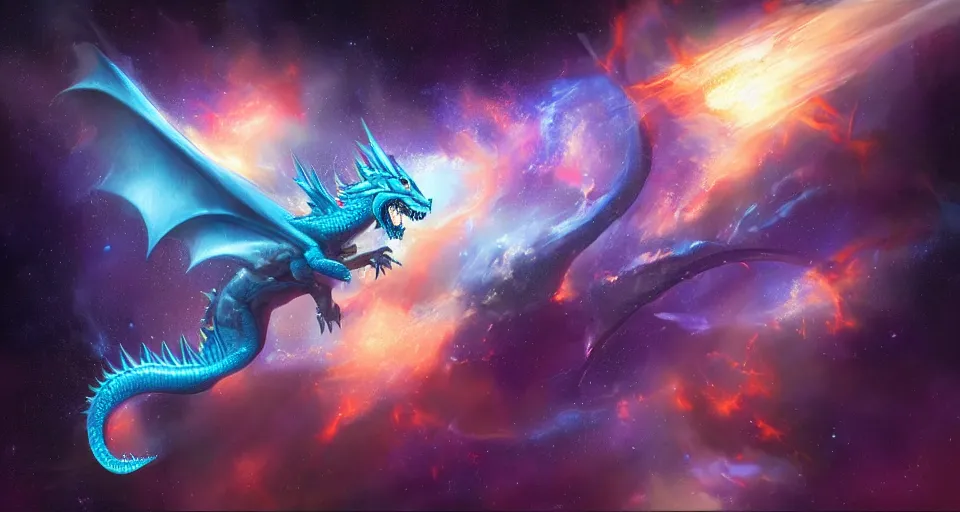 Image similar to single large blue dragon flying through nebula, by artgerm