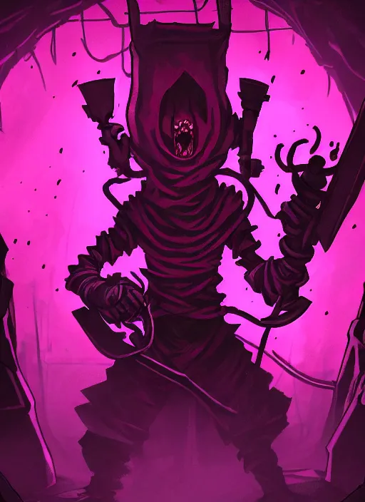 Image similar to concept art of pink guy as boss in darkest dungeon, highly detailed, dark atmosphere, cosmic horror, body horror, lovecraft mythos, key character poster