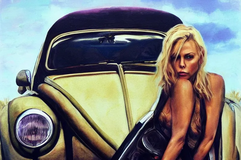 Prompt: beautiful beautiful beautiful yeah w charlize theron with long blonde hair locks holds over its head on its two hands old volkswagen beetle, oil on canvas, naturalism