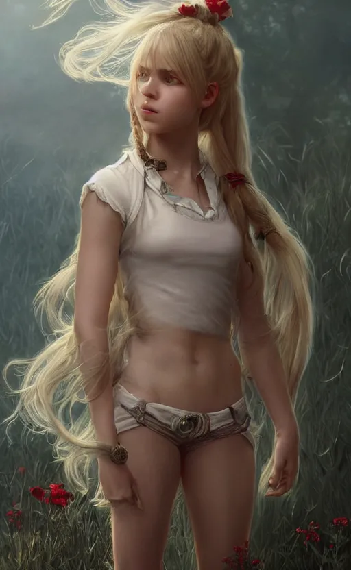 Image similar to full body shot of a young girl with blond twin tail hair and red eyes, ultra realistic, concept art, intricate details, eerie, highly detailed, photorealistic, octane render, 8 k, unreal engine, art by artgerm and greg rutkowski and alphonse mucha