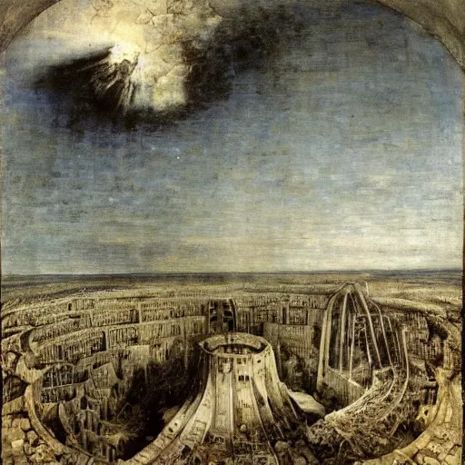 Image similar to looking down onto vast, cold cavern ::3 one majestic Tower of Babel made of twisted machinery reaching from floor to ceiling, wreathed with wires and balconies, wider at the top than the bottom, upside-down, center frame, with blue, pale green, and white lights, by Bruegel and H.R. Giger ::5 lights of an oil refinery at base of tower ::2 harsh framing light from spotlights on the ground ::2 painting of industrial city by Bruegel, Carvaggio, Piranesi, H.R. Giger and Bosch