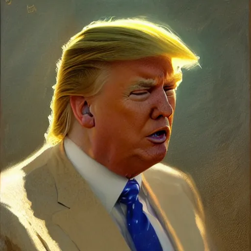 Image similar to detailed portrait of donald trump in yellow suit, spring light, painting by gaston bussiere, craig mullins, j. c. leyendecker