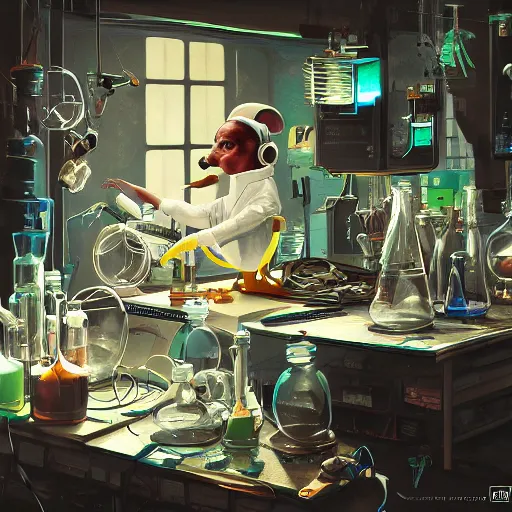 Image similar to mouse performing a chemistry experiment, in a cluttered lab, lots of beakers, illustration, cyberpunk, sci - fi fantasy, intricate, elegant, highly detailed, digital painting, artstation, concept art