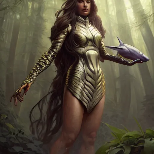 Image similar to photo of a humanoid shark hybrid were a heroic dress an armour in the forest, long hair, highly detailed, digital painting, artstation, smooth, sharp focus, illustration, art by artgerm and greg rutkowski and alphonse mucha