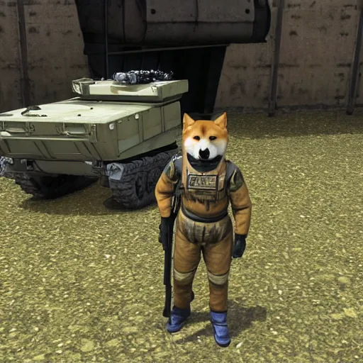 Prompt: anthropomorphic shiba inu, wearing s. t. a. l. k. e. r. freedom exoskeleton without helmet, with rifle in hands, standing near himars, still