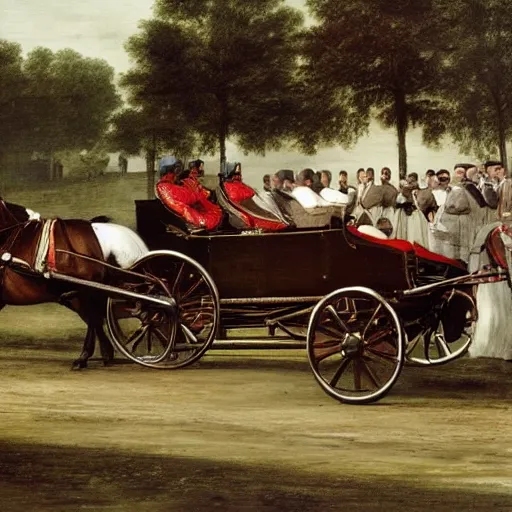 Image similar to lady catherine de bourgh from pride and prejudice drives her barouche box pulled by two horses on the formula 1 circuit of le mans. she is surrounded by cars with models like ferrari, lamborghini or porsche. cinematic, technicolor, highly intricate