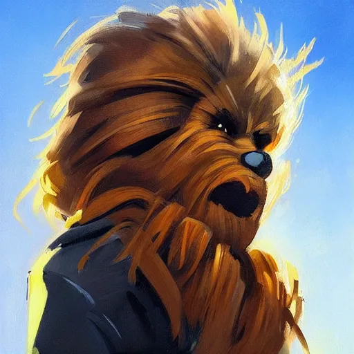 Image similar to greg manchess portrait painting of chewbacca as overwatch character, medium shot, asymmetrical, profile picture, organic painting, sunny day, matte painting, bold shapes, hard edges, street art, trending on artstation, by huang guangjian and gil elvgren and sachin teng