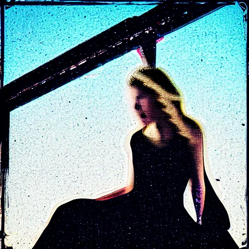 Image similar to girl in a black dress leaning against a bridge rail, chromatic aberration, glitch art,