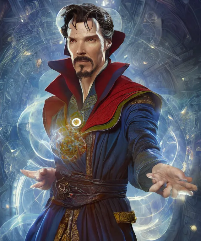 Image similar to doctor strange, female, au naturel, hyper detailed, digital art, trending in artstation, cinematic lighting, studio quality, smooth render, unreal engine 5 rendered, octane rendered, art style by klimt and nixeu and ian sprigger and wlop and krenz cushart