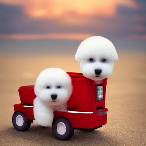 Prompt: a photorealistic photograph of a smiling white Bichon Frisé puppy riding in red wagon full of french fries during sunset at the beach Trending on Artstation, featured on Behance, well-rendered, Unreal Engine, 4K HD