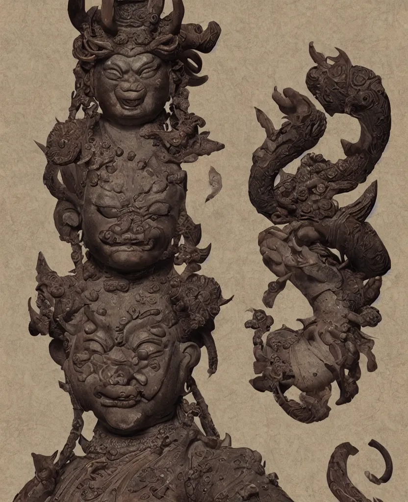 Prompt: ancient japanese, oni goddess statue, painted, bust portrait body, kamakura period, hyper realistic, texture details, high fidelity, like arsen asyrankulov, intricate, highly detailed, digital painting, artstation, concept art, smooth, sharp focus, illustration, art by artgerm and tian zi and alphonse mucha and greg rutkowski,