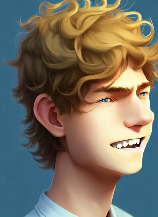 Prompt: young man with medium - length, curly, golden hair, perfectly proportioned face, aquamarine eyes, smile, natural lighting, path traced, highly detailed, high quality, cartoon, digital painting, by new haicheng and studio ghibli