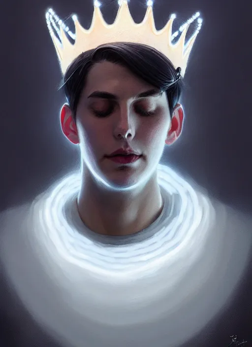 Prompt: portrait of jughead jones, wearing a light grey crown, eyes closed, intricate, elegant, glowing lights, highly detailed, digital painting, artstation, concept art, smooth, sharp focus, illustration, art by wlop, mars ravelo and greg rutkowski