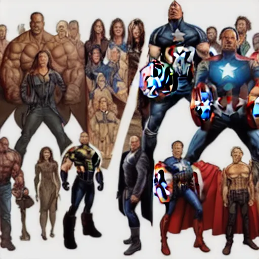 Prompt: A group photo of the Avengers but it's all Dwayne Johnson, western, cinematic shots, fantasy, intricate, elegant, highly detailed, digital painting, artstation, concept art, matte, sharp focus, illustration, art by Artgerm and Greg Rutkowski and Alphonse Mucha