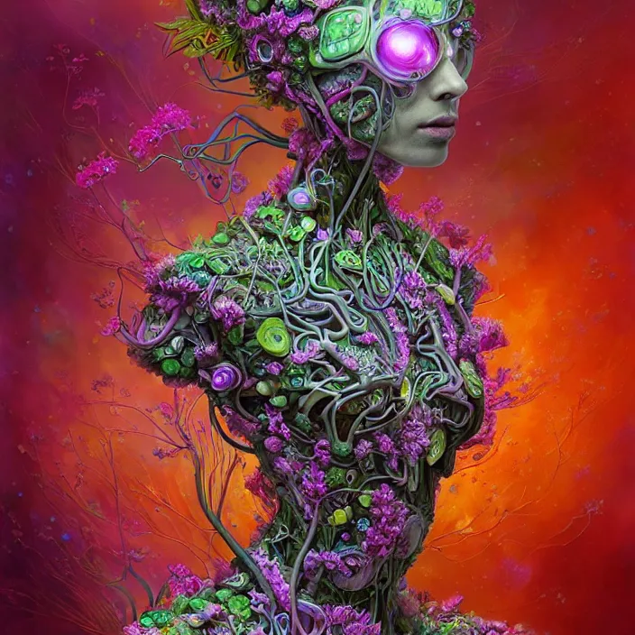 Image similar to extremely psychedelic organic cyborg made of orchid and cherry blossom tree and mushroom, LSD, diffuse lighting, fantasy, intricate, elegant, highly detailed, lifelike, photorealistic, digital painting, artstation, illustration, concept art, smooth, sharp focus, art by John Collier and Albert Aublet and Krenz Cushart and Artem Demura and Alphonse Mucha