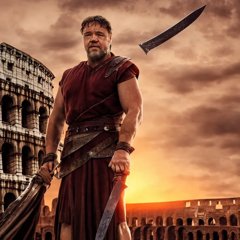Prompt: russell crowe as a gladiator holding a sword, colosseum, sunset, cinematic lighting, volumetric lighting, award winning photography, highly detailed, intricate, sharp focus, 4 k wallpaper, unreal engine, 9 0 mm, f / 1. 4