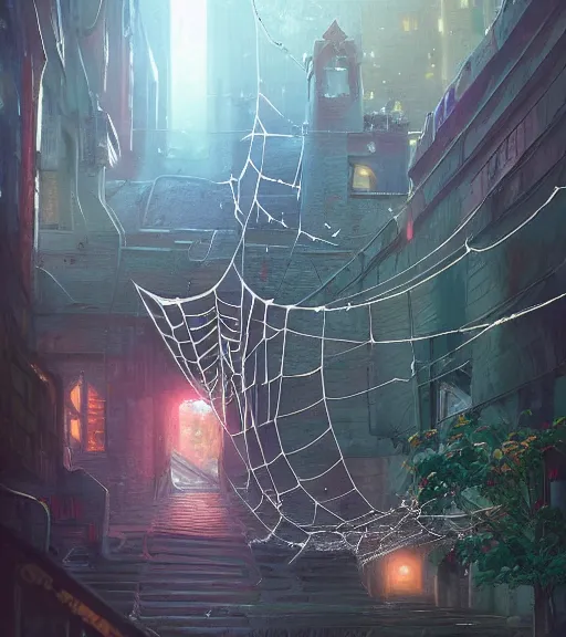 Prompt: highly detailed graffiti of spiderweb, stephen bliss, unreal engine, unreal engine art by greg rutkowski, loish, rhads, ferdinand knab, makoto shinkai and lois van baarle, ilya kuvshinov, rossdraws, tom bagshaw, reflective global illumination, god rays, detailed and intricate environment