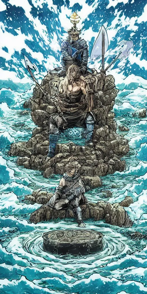 Prompt: a lone king sitting on a throne floating on water in the middle of a lake drawn by Makoto Yukimura in the style of Vinland saga anime, full color
