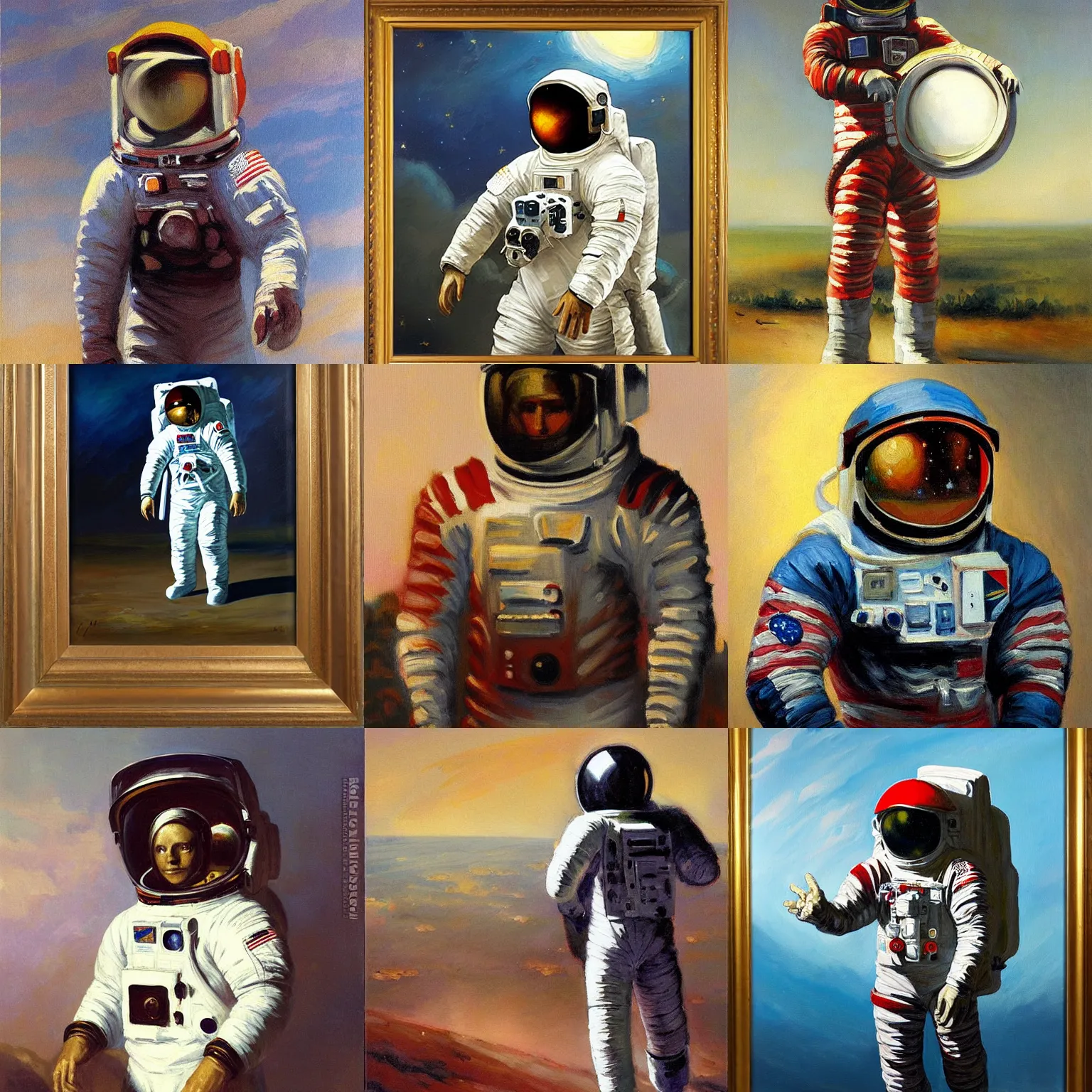 Prompt: astronaut with scutum shield, tonalist painting, figurative art