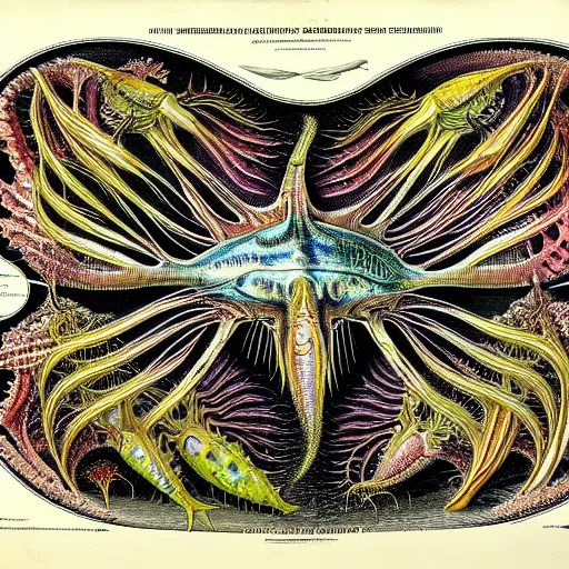 Image similar to alien fish anatomy by ernst haeckel, masterpiece, vivid, very detailed