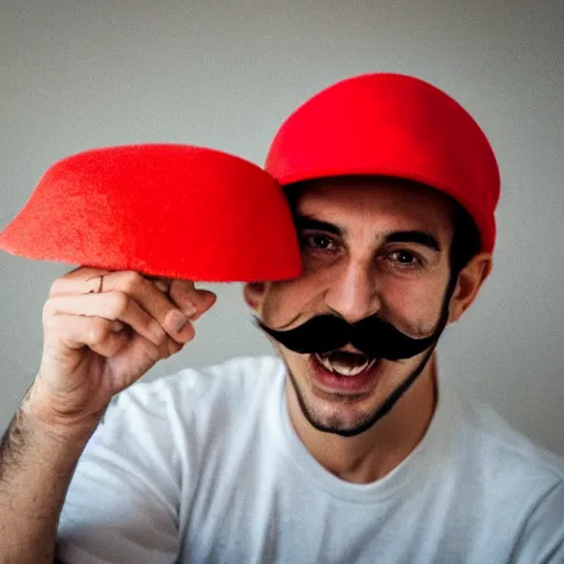 Image similar to an Italian man with a mustache dressed as Mario wearing a solid red Mario hat drooling, eyes rolled back, excited about a Magic Mushroom he just found 50mm lens, f1.8.