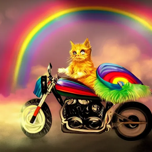 Image similar to wide angle full body, jacket wearing fluffy cute rainbow kitten wearing a black leather motorcycle jacket, riding on a motorcycle, cinematic concept art