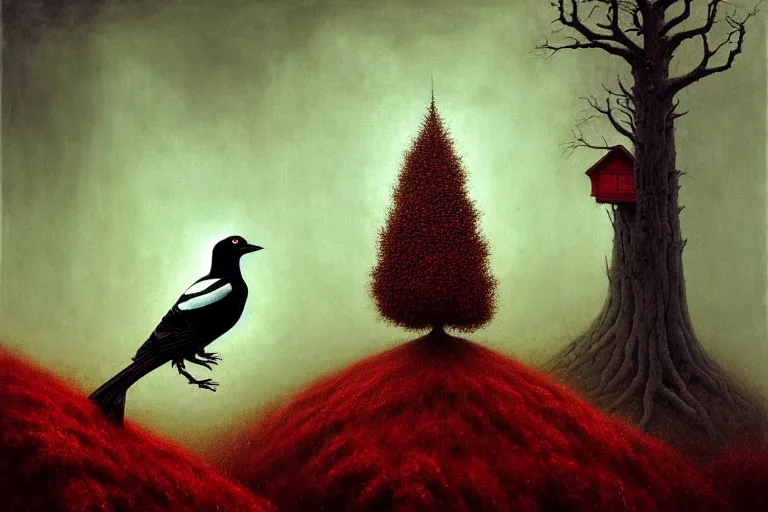 Image similar to a magpie family hosting their magpie relatives on top of a pine tree, in the style of rafał olbinski, in the style of beksinski, in the style of gediminas pranckevicius, intricate and epic composition, red by caravaggio, insanely quality, highly detailed, masterpiece, purple light, artstation, 4 k