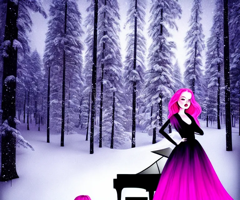 Image similar to a beautiful face gothic girl, pink hair in a stunning black dress playing a piano in the dark snowy forest by zatzka, hans, matte painting, illustration