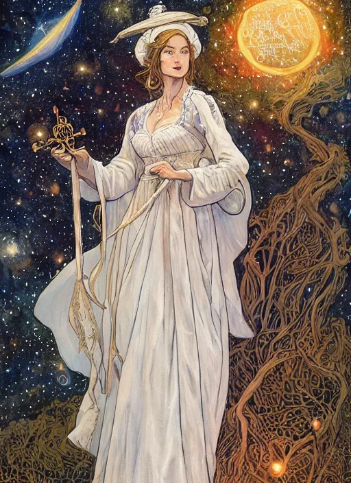 Prompt: painting of alluring astromancer woman in the starry sky, beautiful face, white skin, long robes and short skirt, corset, small hat, astronomy, high fantasy, dnd, sharp focus, award - winning, masterpiece, extremely detailed, intricate. art by rebecca guay