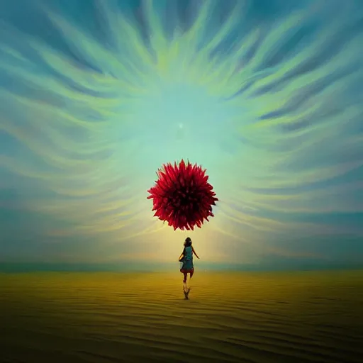 Prompt: closeup giant dahlia flower floating head, a girl walking between dunes, surreal photography, sunrise, blue sky, dramatic light, impressionist painting, digital painting, artstation, simon stalenhag