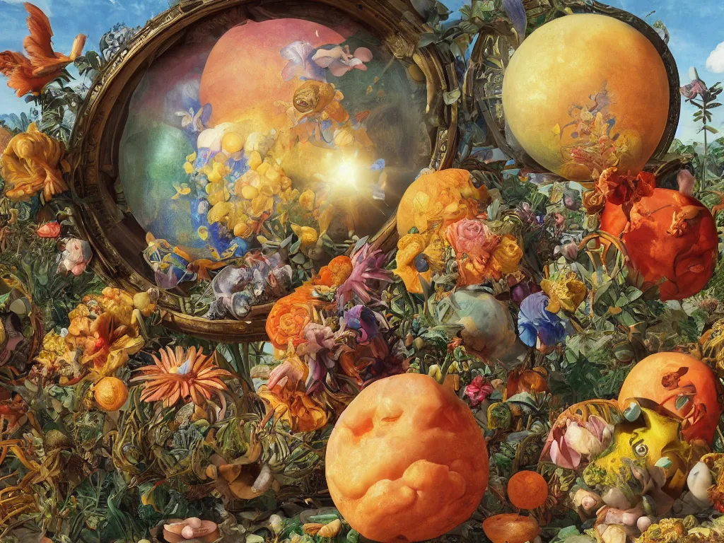 Image similar to 3 d render, sunlight study, the universe is a spheroid region 7 0 5 meters in diameter, art nouveau, by cornelis de heem and maria sibylla merian and ( ( ( ( ( lisa frank ) ) ) ) ), 8 k, sharp focus, octane render