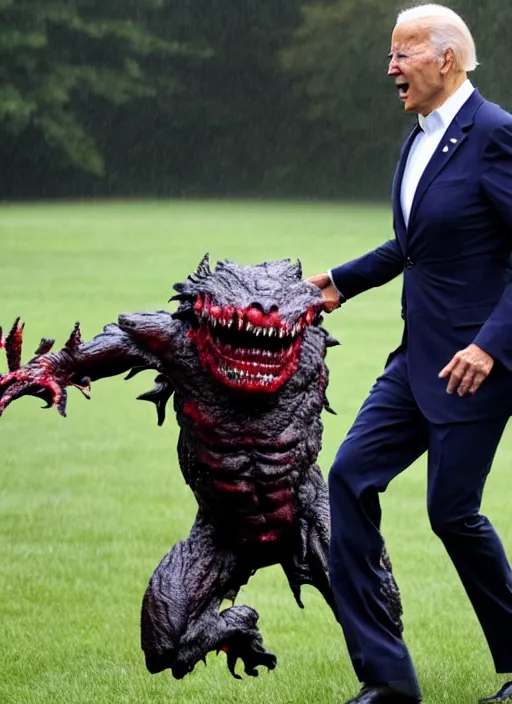Image similar to joe biden is running terrified from a monster from predator that is chasing him on the white house lawn during a storm, photoealistic, scary