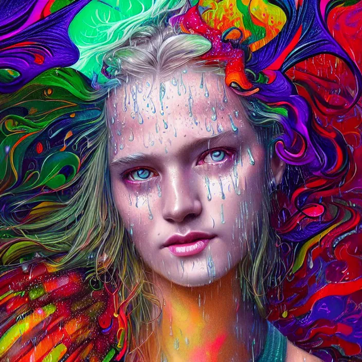 Image similar to bright psychedelic portrait with rain on face and wet hair, wings, smiling, diffuse lighting, fantasy, intricate, elegant, highly detailed, lifelike, photorealistic, digital painting, artstation, illustration, concept art, smooth, sharp focus, art by John Collier and Albert Aublet and Krenz Cushart and Artem Demura and Alphonse Mucha