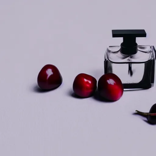 Prompt: perfume bottle and artistic dark red cherries and white flowers, realistic, up close shot, white background, zen, cool light, modern minimalist f 2 0