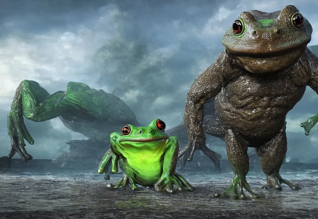 Prompt: giant frog monster on the beach, fantasy boss battle, 4k digital render, shiny wet surfaces