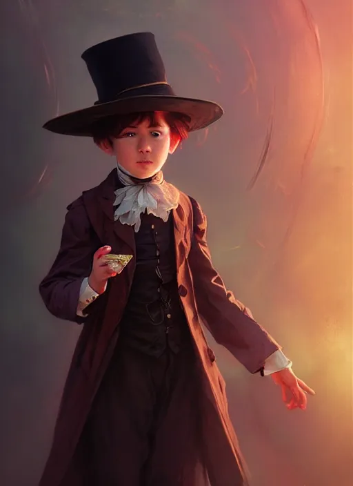 Image similar to character concept art of a victorian child magician, key visual, realistic shaded perfect face, fine details, dystopian environment and background, by stanley artgerm lau, wlop, rossdraws, james jean, andrei riabovitchev, marc simonetti, and sakimichan, trending on artstation